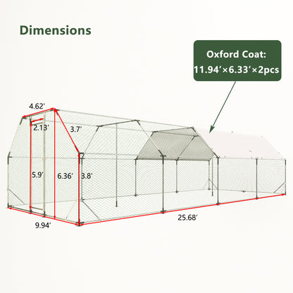 9.94×25.68 FT Large Walk-In Chicken Coop | Galvanized Steel Poultry Run with UV Waterproof Tarp & Lockable Doors — Hen House & Farm Pen