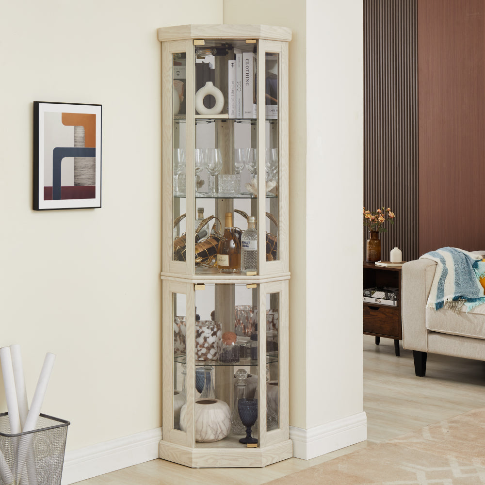 Lighted Corner Curio Cabinet Tall Display Case with Mirrored Back Glass Doors Adjustable Shelves White
