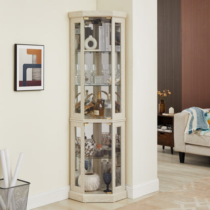 Lighted Corner Curio Cabinet Tall Display Case with Mirrored Back Glass Doors Adjustable Shelves White