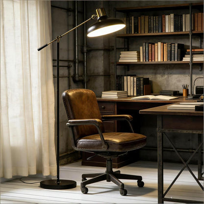 Industrial Floor Lamp | Adjustable Height & Rotating Head, Black & Gold Reading Standing Lamp