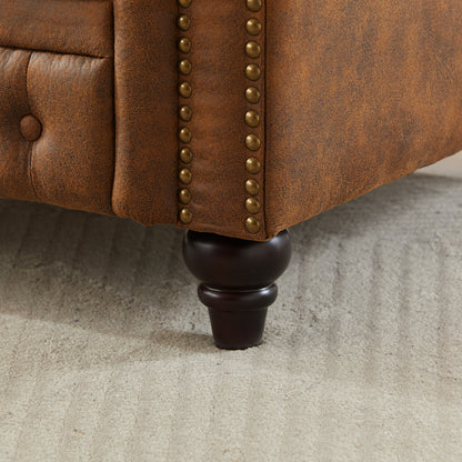 85.5" Chesterfield Sofa 3-Seater | Tech Fabric with Button Tufting, Rolled Arms & Wood Legs — Brown / Black