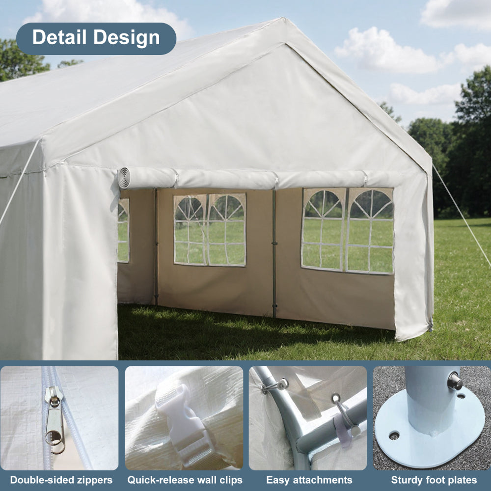10×20 FT Carport Canopy & Party Tent | Heavy-Duty Gazebo with 4 Removable Sidewalls, UV & Water-Resistant PE Cover — White