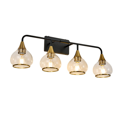 Black and gold 4-light industrial vanity wall sconce with clear glass shades, curved black metal arm, gold accents