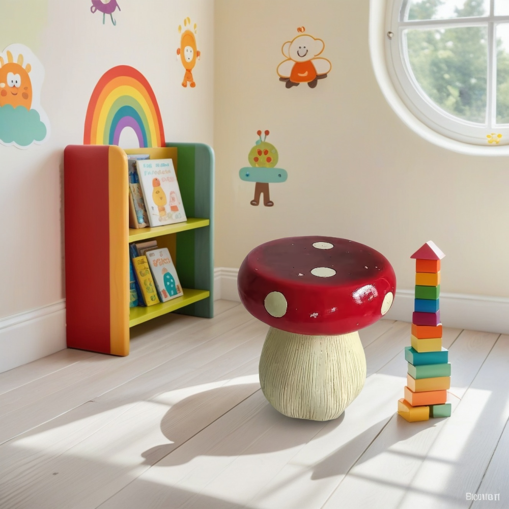 13.8" Mushroom Garden Stool | Hand-Painted Resin Decorative Stool with Forest Base — Indoor & Outdoor Whimsical Decor