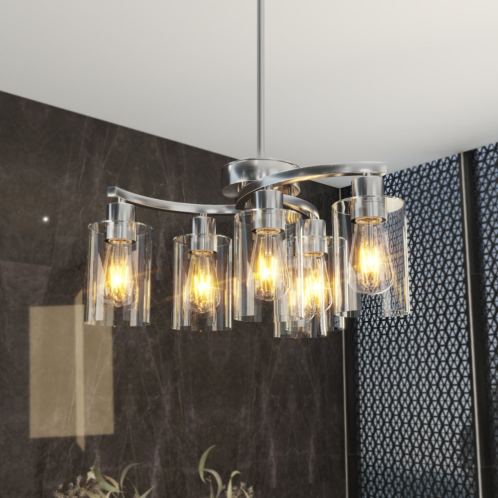 Chrome 6-light modern farmhouse chandelier with clear glass shades, adjustable height, dimmable, for dining room or kitchen island.