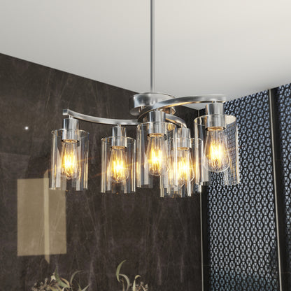 Chrome 6-light modern farmhouse chandelier with clear glass shades, adjustable height, dimmable, for dining room or kitchen island.