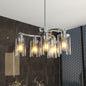 Chrome 6-light modern farmhouse chandelier with clear glass shades, adjustable height, dimmable, for dining room or kitchen island.