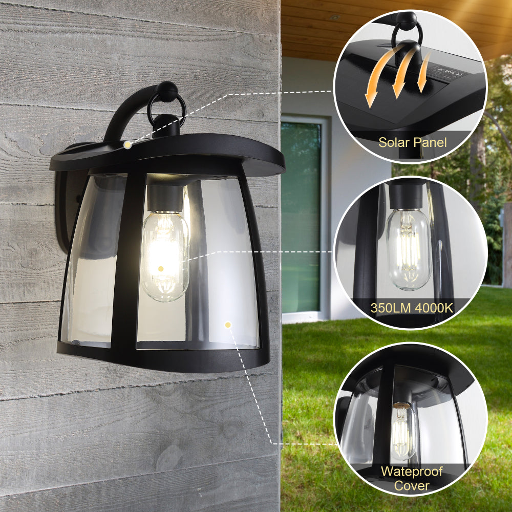 Black solar wall lantern with clear glass, featuring solar panel, 350LM 4000K LED bulb, and waterproof cover, mounted on a wooden wall.