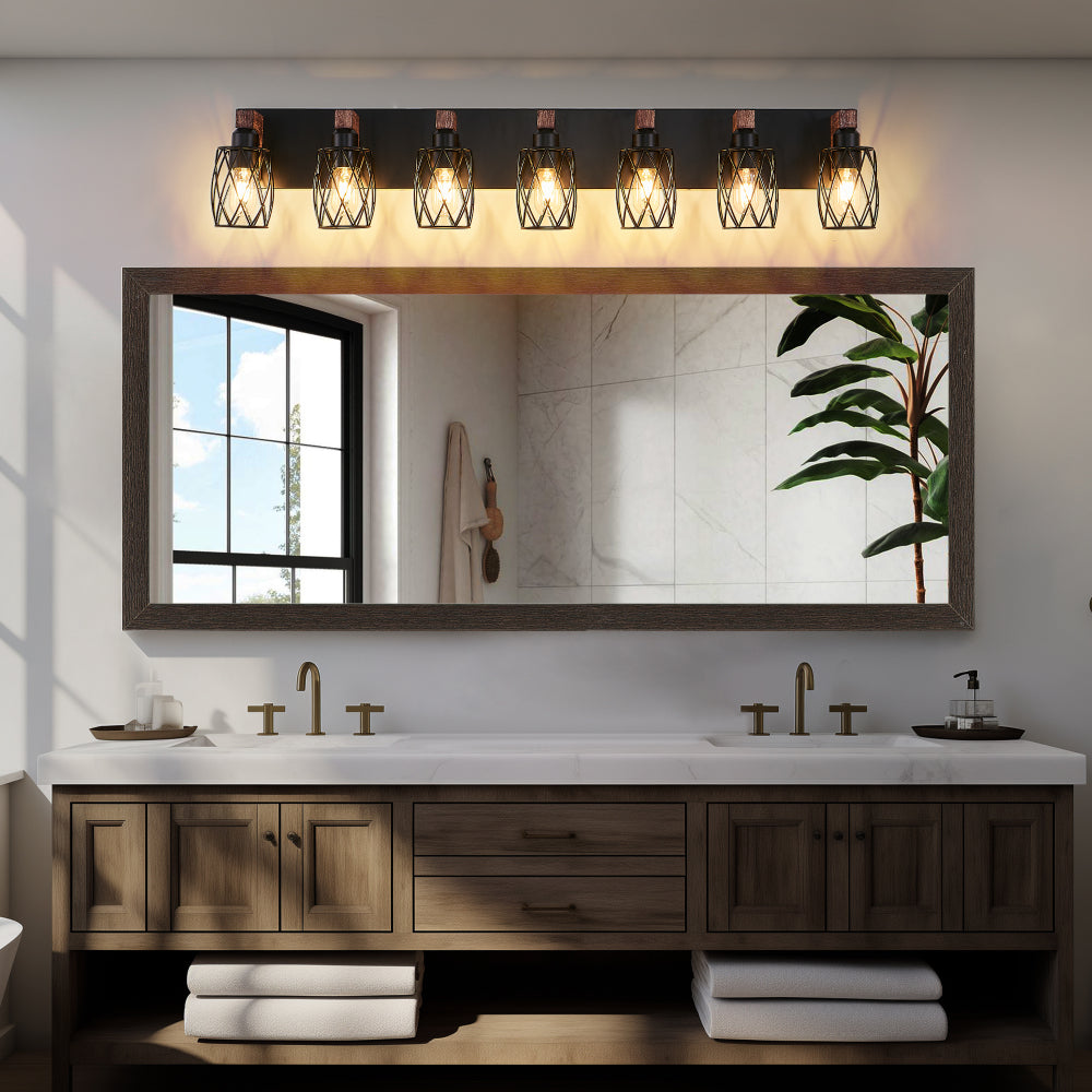 Industrial black metal cage wall sconce with wood accents, 6-light vintage fixture above double bathroom vanity mirror.