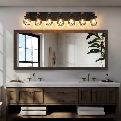 Industrial black metal cage wall sconce with wood accents, 6-light vintage fixture above double bathroom vanity mirror.