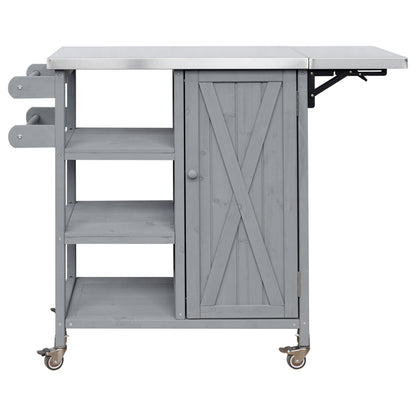 Foldable Outdoor Kitchen Island with Stainless Steel Top | Rolling Cart with Storage Cabinet, Open Shelves & Towel Rack — Grey
