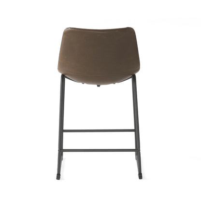 24" Vintage Brown Counter Stools with Wide Seat & Low Footrail | Set of 2 Upholstered Stools with Black Iron Frame