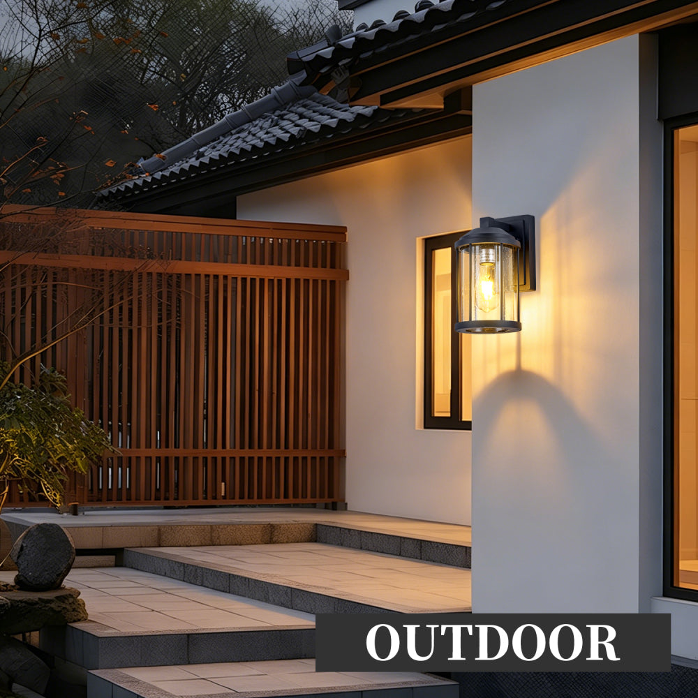 Outdoor Wall Sconces 2 Pack – Black Exterior Light Fixtures with Seeded Glass