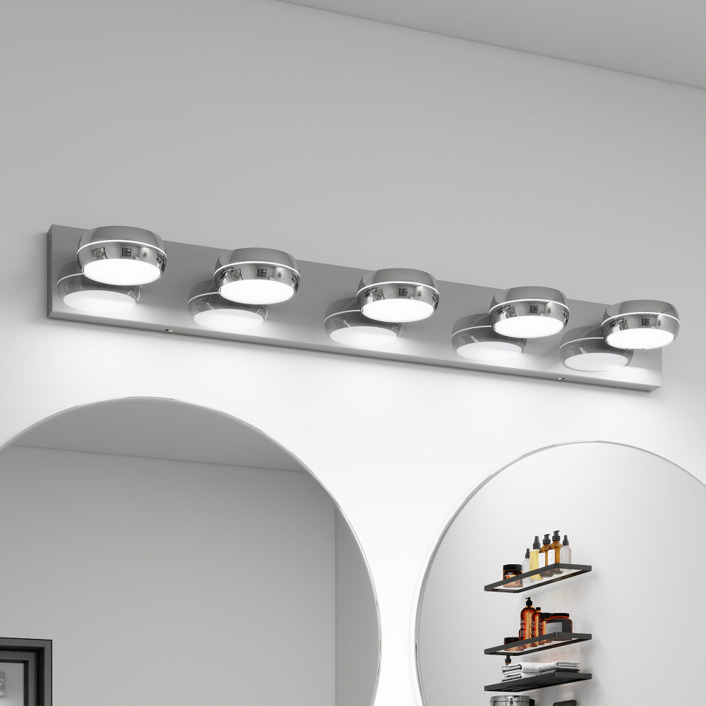 Modern chrome 5-light LED vanity light bar, 35 inches, mounted above an arched bathroom mirror with bright, even illumination