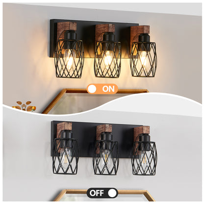 3-light industrial black cage wall sconce with wood accents, shown in on and off states with black metal cages and wooden accents.