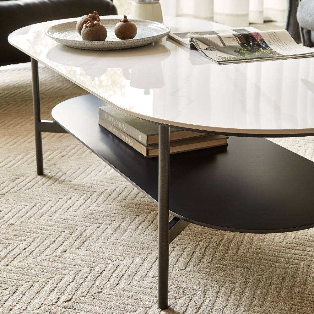 Ceramic Sintered Stone Coffee Table with Walnut Shelf | 47" Double-Layer Living Room Center Table — White & Coffee Brown