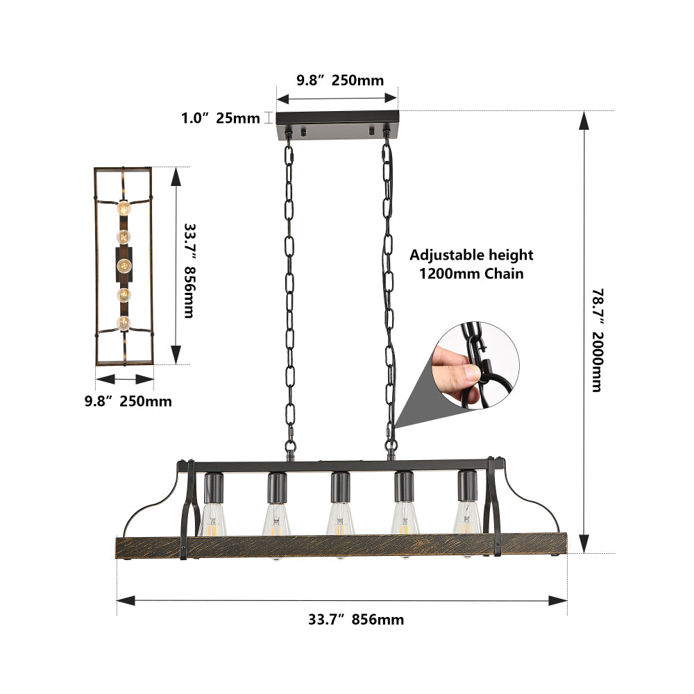 34-inch black and gold vintage chandelier dimensions: 33.7 inches long, 9.8 inches wide, with adjustable 1200mm chain