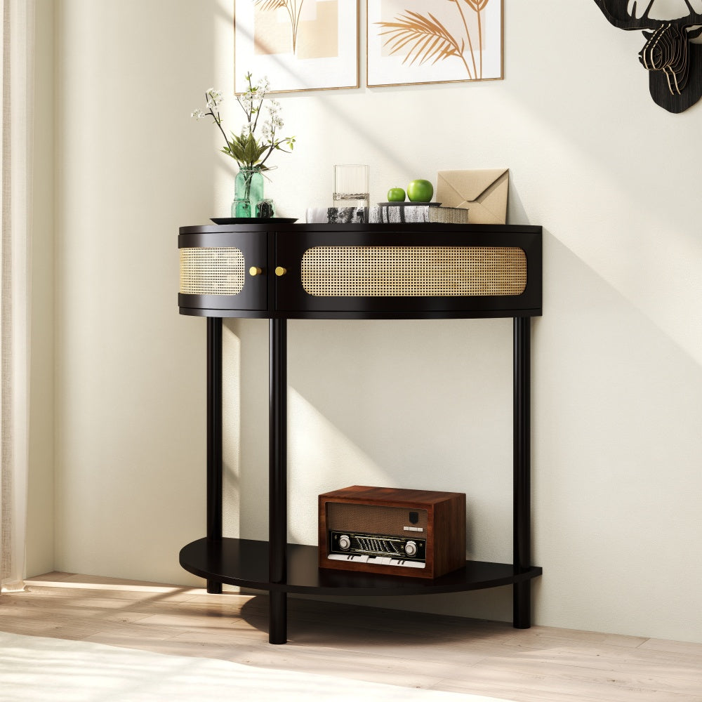 Half-Moon Console Table with Rattan Sliding Doors | Boho Semicircle Entryway Table with 2 Storage Cabinets & Bottom Shelf Black