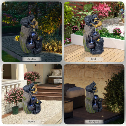 Bear Outdoor Water Fountain with LED Lights | 23.62" Cascading Garden Fountain with Climbing Bear Design — Patio, Yard & Balcony
