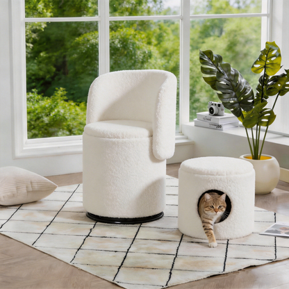Upholstered Barrel Chair with Storage | 360° Swivel Vanity & Dining Seat, Free Cat Bed Included