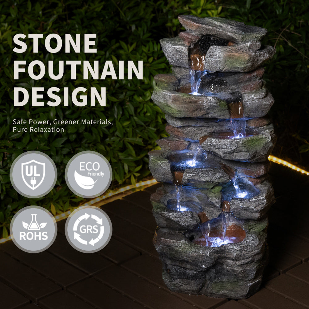 Rock Waterfall Outdoor Fountain with LED Lights | Cascading Tiered Resin Garden Fountain for Patio, Backyard & Lawn