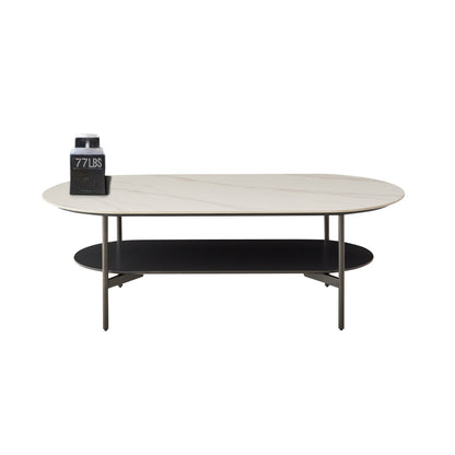 Ceramic Sintered Stone Coffee Table with Walnut Shelf | 47" Double-Layer Living Room Center Table — White & Coffee Brown