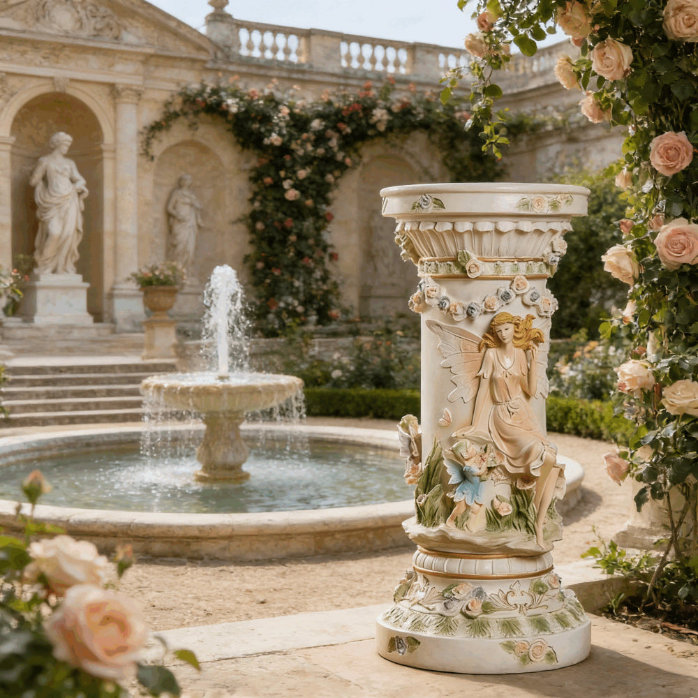 33" Luxury Roman Column Pedestal | Resin Fairy & Floral Relief Pillar Stand — Vintage European Decor for Living Room & Entryway