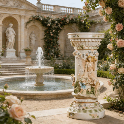 33" Luxury Roman Column Pedestal | Resin Fairy & Floral Relief Pillar Stand — Vintage European Decor for Living Room & Entryway