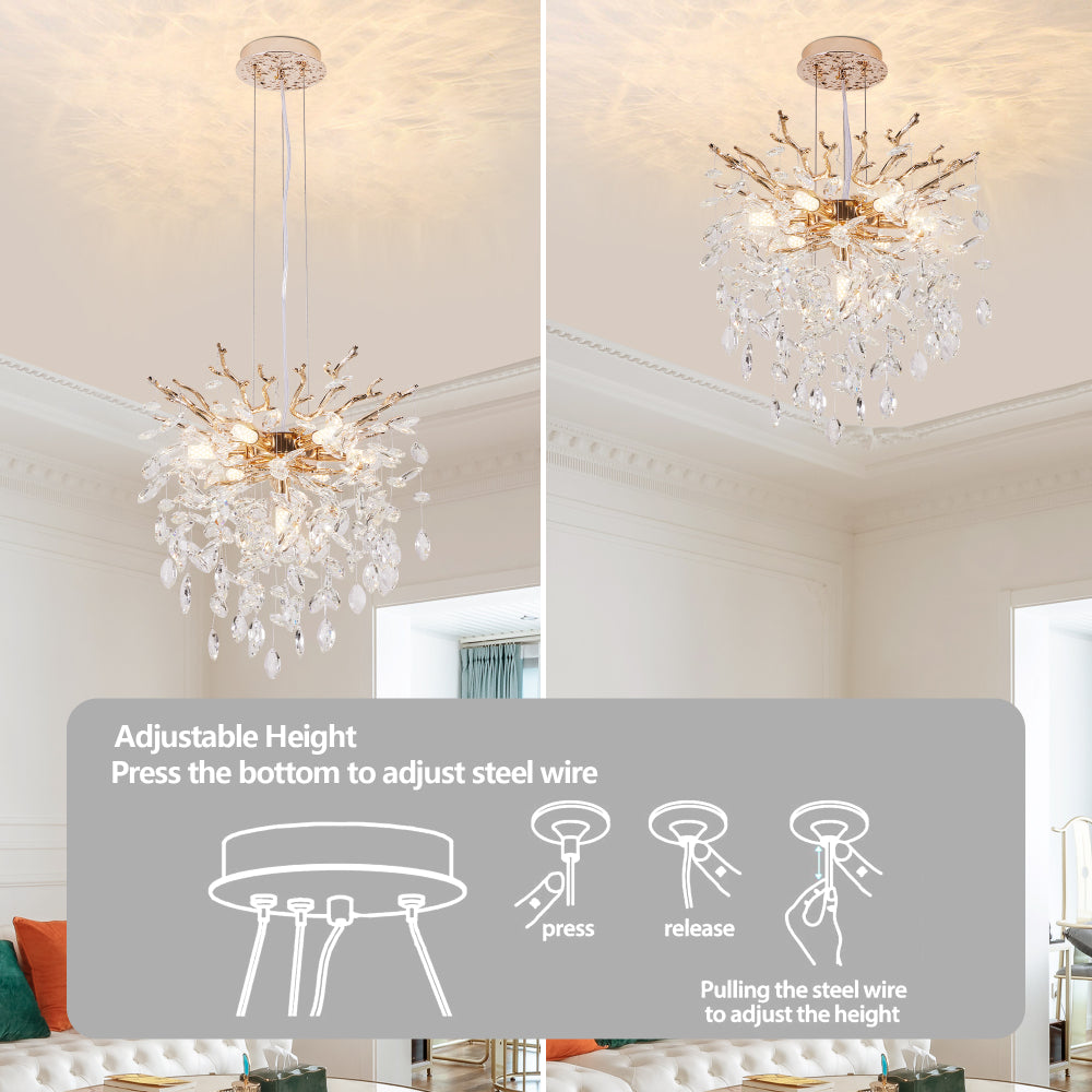 Gold tree branch crystal chandelier shown in two height positions with adjustable steel wire for customizable installation.