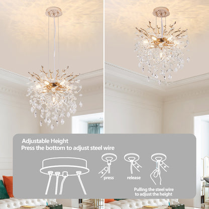 Gold tree branch crystal chandelier shown in two height positions with adjustable steel wire for customizable installation.
