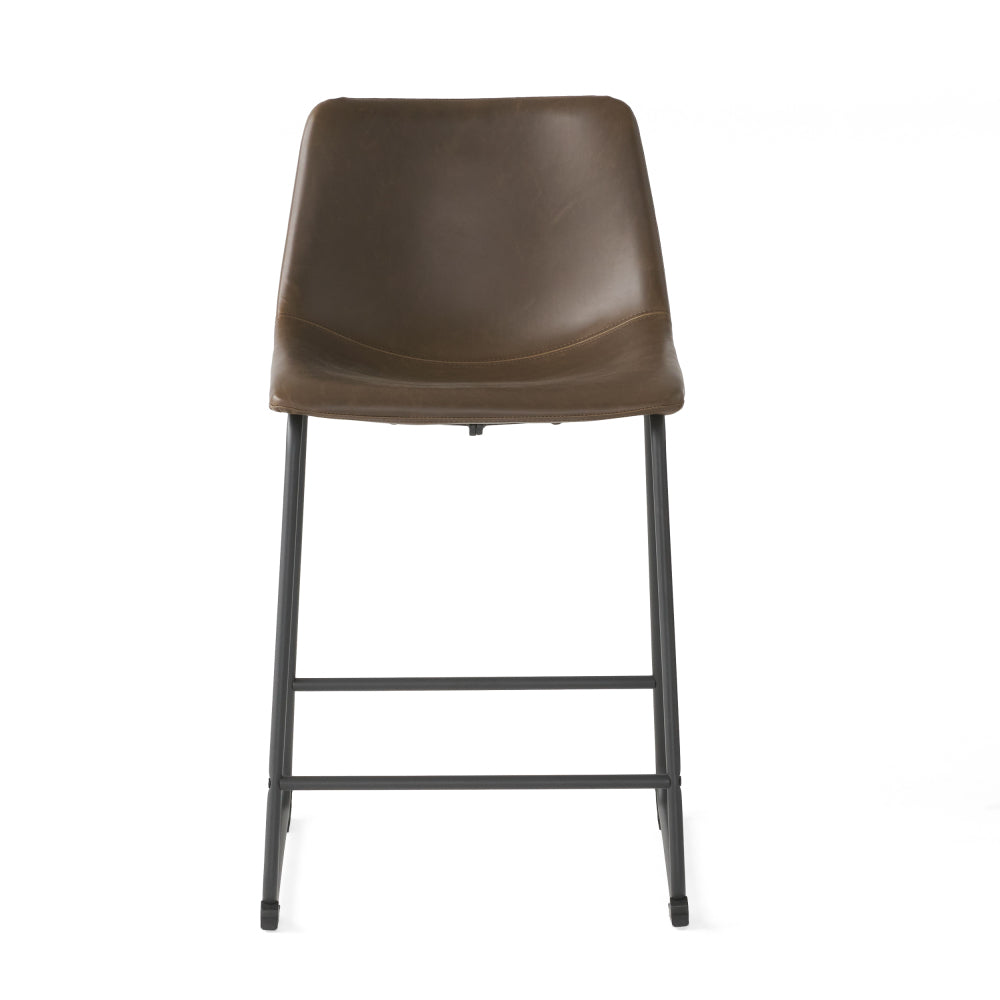24" Vintage Brown Counter Stools with Wide Seat & Low Footrail | Set of 2 Upholstered Stools with Black Iron Frame
