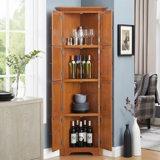 72" Corner Kitchen Pantry Cabinet | 4-Tier Tall Storage with 8 Doors & Shelves — Farmhouse Oak