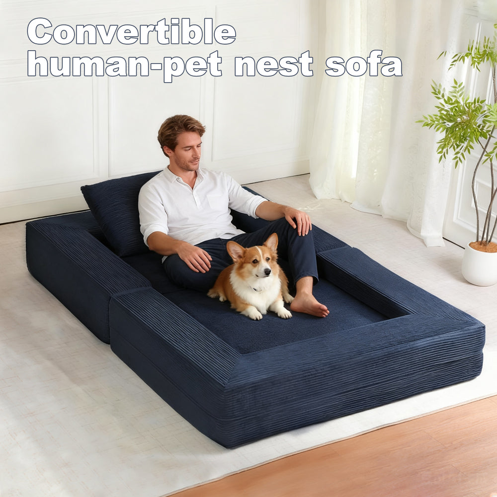 3-in-1 Floor Sofa Bed for Humans & Pets | No-Assembly Corduroy Lounger with Memory Foam & Pillow — Dark Blue