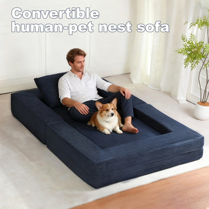 3-in-1 Floor Sofa Bed for Humans & Pets | No-Assembly Corduroy Lounger with Memory Foam & Pillow — Dark Blue