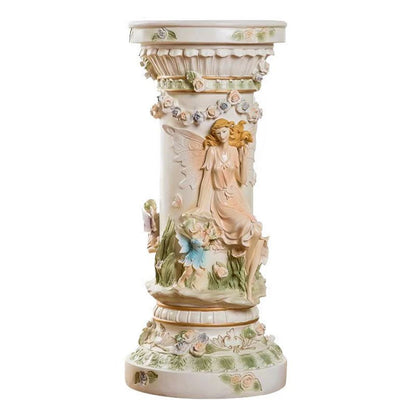 33" Luxury Roman Column Pedestal | Resin Fairy & Floral Relief Pillar Stand — Vintage European Decor for Living Room & Entryway