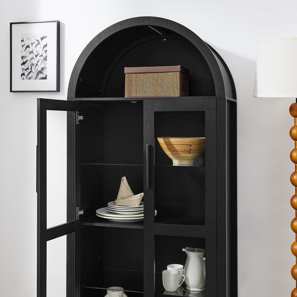 High-Arched Storage Cabinet with LED Light Modern Retro Wood Glass Display Cabinet with Adjustable Shelves Black