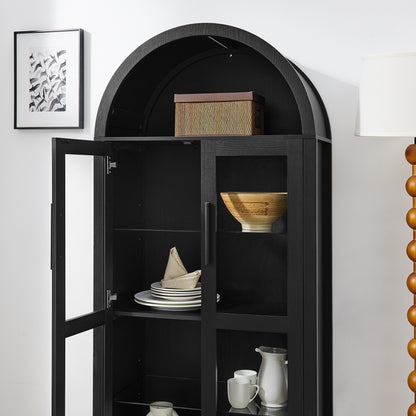 High-Arched Storage Cabinet with LED Light Modern Retro Wood Glass Display Cabinet with Adjustable Shelves Black