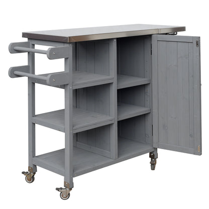 Foldable Outdoor Kitchen Island with Stainless Steel Top | Rolling Cart with Storage Cabinet, Open Shelves & Towel Rack — Grey
