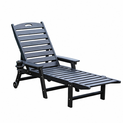 HDPE Chaise Lounge Chair | 4-Position Adjustable Outdoor Pool Lounger with Wheels & Cup Holder, 360 lb Capacity — Black