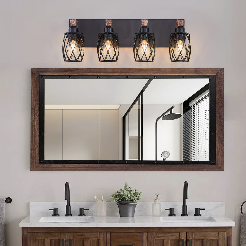 Industrial black metal cage wall sconce with wood accents, 4-light, 24-inch vintage fixture above bathroom mirror.