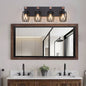 Industrial black metal cage wall sconce with wood accents, 4-light, 24-inch vintage fixture above bathroom mirror.
