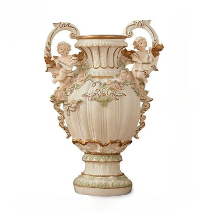 28.35" European Angel Cupid Floor Vase | Baroque Resin Decorative Vase with Gold Trim & Cherub Handles — Luxury Home Decor