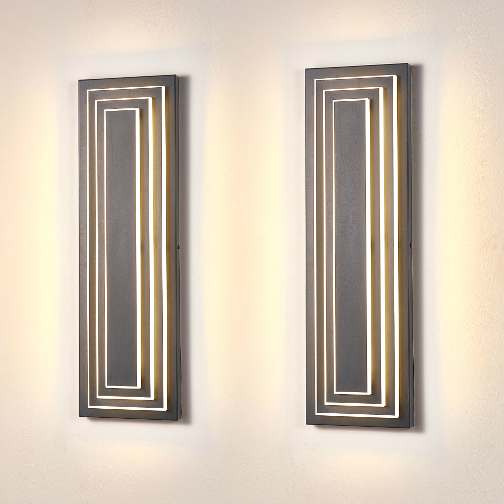 3-Tier LED Outdoor Wall Sconce | Modern Black Exterior Light with Acrylic Shade — 15.7" or 23.6", 24W Warm White, 2-Pack