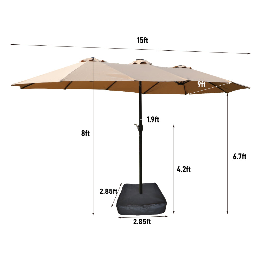 15×9 FT Double-Sided Patio Umbrella with LED Light & Base | Large Rectangular Market Umbrella with Crank & Wind Vents — Taupe