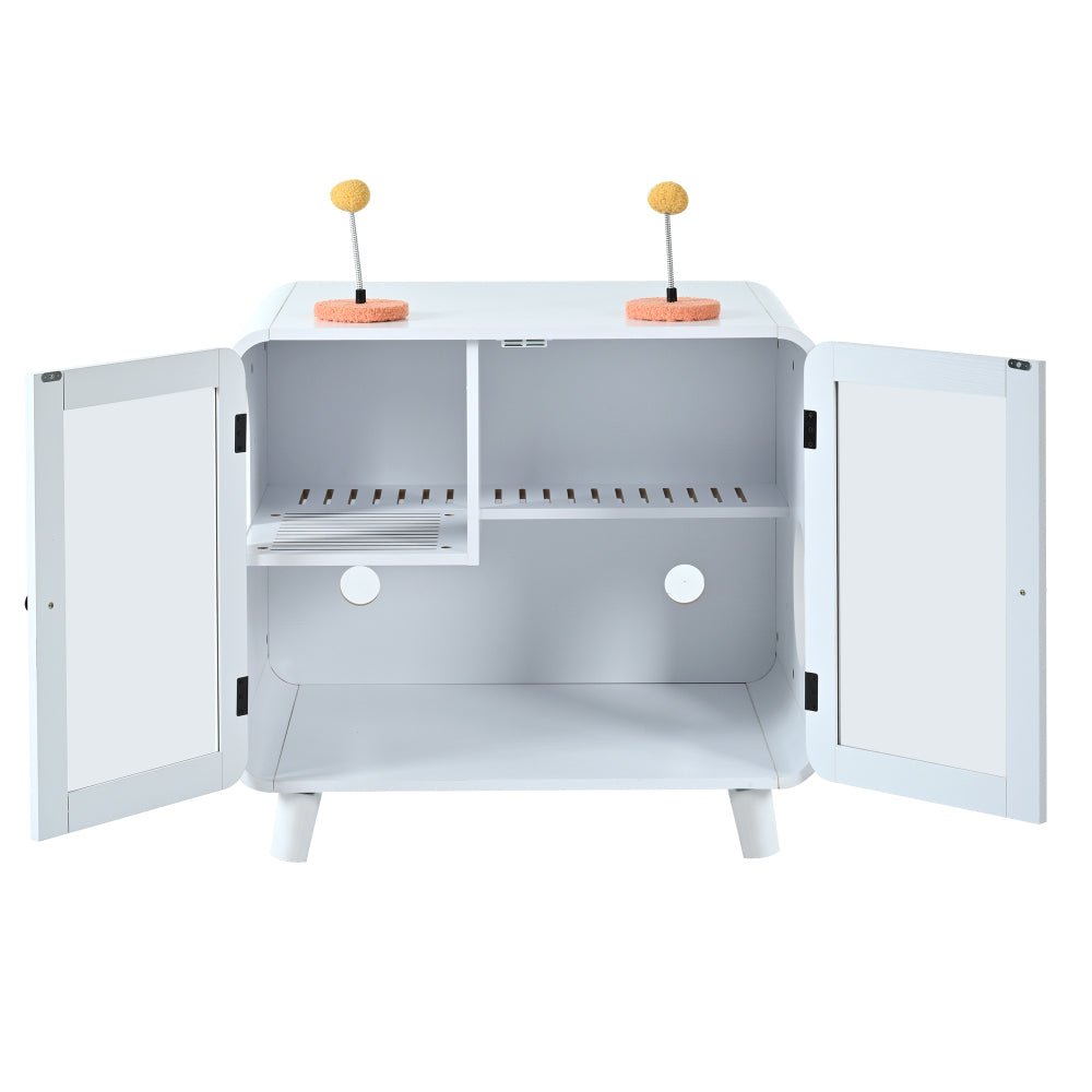 Hidden Cat Litter Box Cabinet – RGB LED, Glass Doors, Litter Walkway & Pom-Pom Toys, White