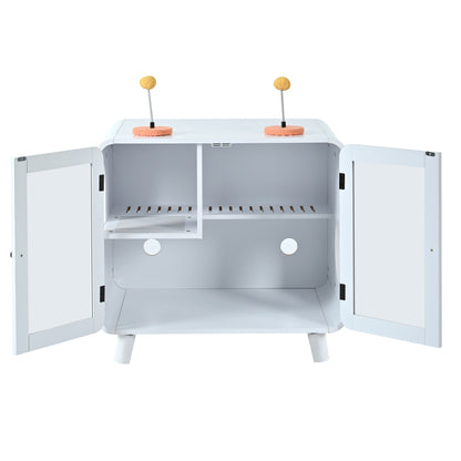 Hidden Cat Litter Box Cabinet – RGB LED, Glass Doors, Litter Walkway & Pom-Pom Toys, White