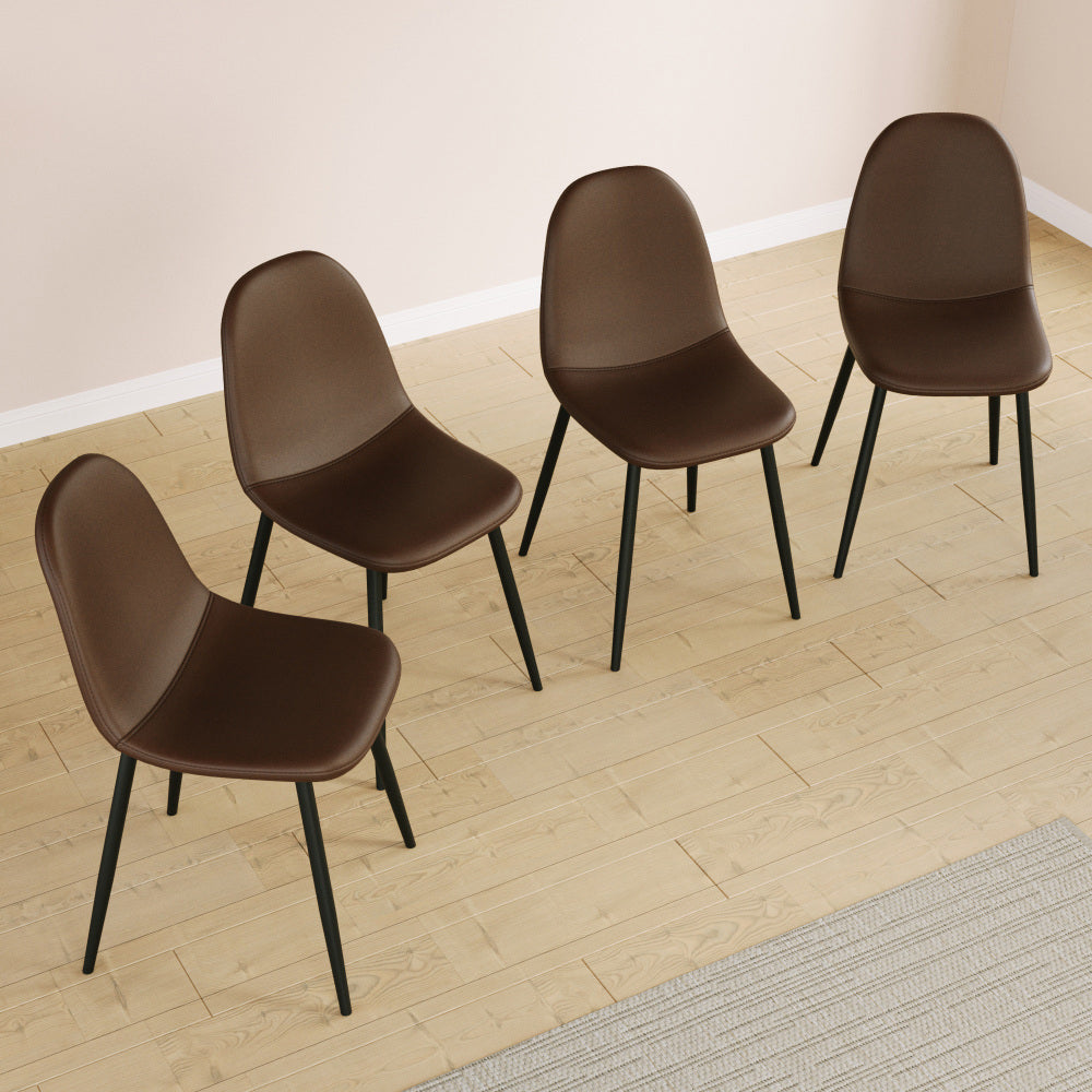 Mid-Century Dining Chairs Set of 4 | Spoon-Back Upholstered Seats & Black Metal Legs — Brown / Grey Brown