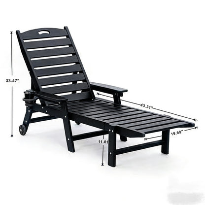 HDPE Chaise Lounge Chair | 4-Position Adjustable Outdoor Pool Lounger with Wheels & Cup Holder, 360 lb Capacity — Black