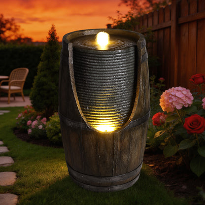 Rustic Barrel Outdoor Water Fountain with LED Lights | Resin Farmhouse Waterfall Fountain for Patio, Porch & Yard