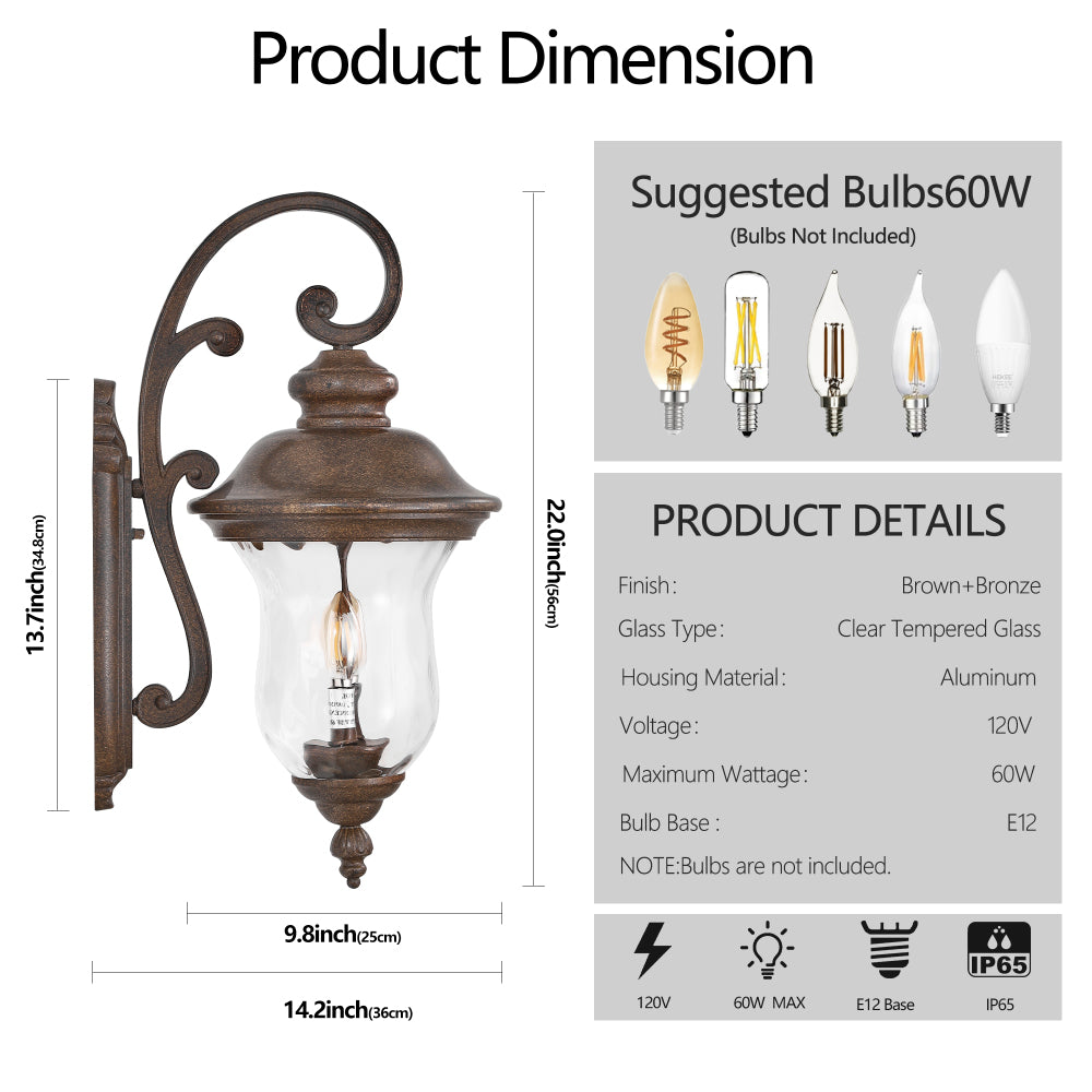 22" Vintage Outdoor Wall Lantern | Weatherproof Bronze Sconce with Clear Glass Shade for Porch, Patio & Entryway